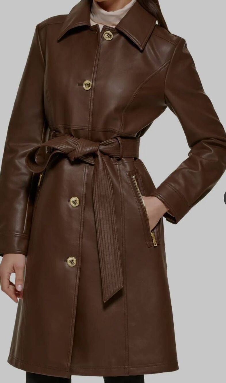 Guess Medium Faux Leather Belted Trench Coat in chocolate brown (R)